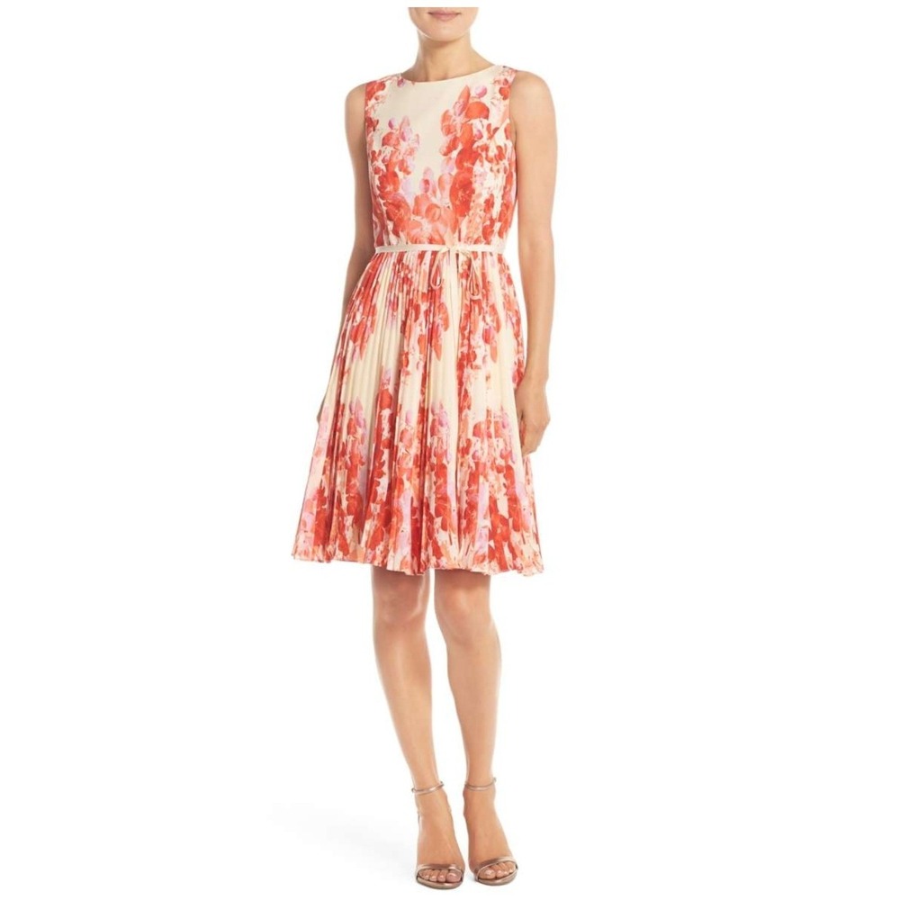 Adrianna Papell Womens 16 Fit and Flare Dress Coral Floral Pleated Wedding Guest